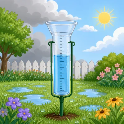 A rain gauge shows collected rain after a storm.