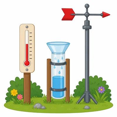 A weather station with a thermometer, rain gauge, and wind vane.