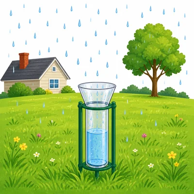A rain gauge placed in an open area away from a roof and tree.