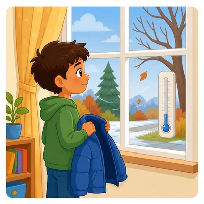 A child checks a thermometer to decide whether to wear a jacket.