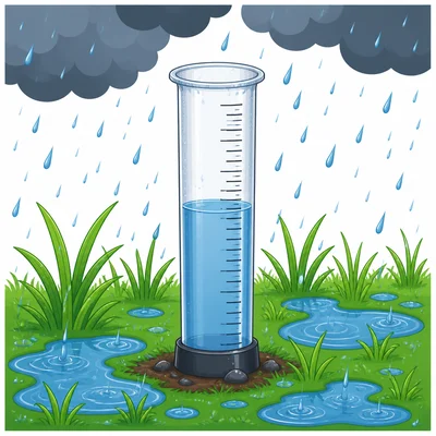 A clear tube rain gauge collecting water during rain.