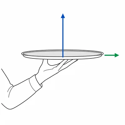 A tray carried horizontally with an upward support force arrow perpendicular to the motion arrow.