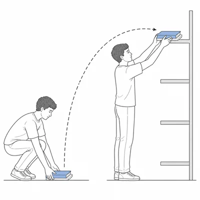 A book lifted vertically from the floor onto a higher shelf.