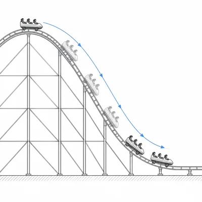 A roller coaster car moving from the top of a hill to the bottom of the track.