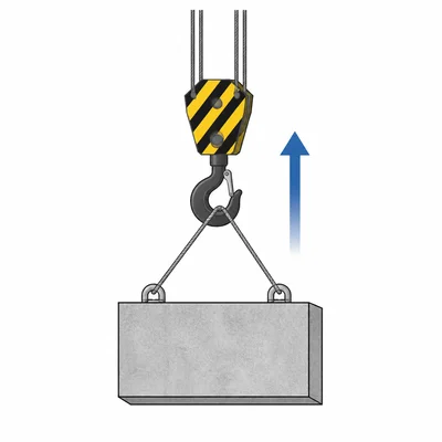 A crane hook lifting a load straight upward with an upward motion arrow.