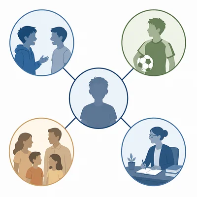 A student in the center connected to icons representing friends, teammates, family, and a teacher.