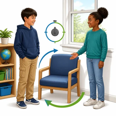 Two students calmly taking turns using a chair next to a classroom window.