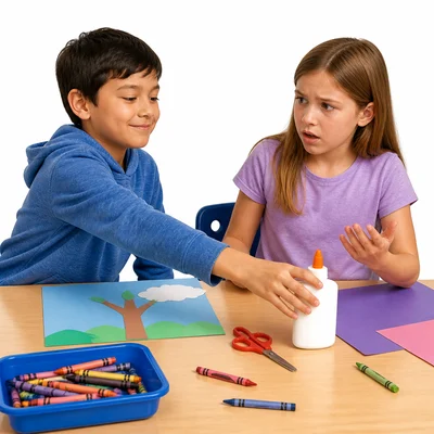 A student grabs a glue bottle from another student's workspace without asking.
