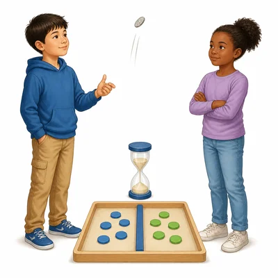Two students use a coin flip and a timer to decide turns fairly.
