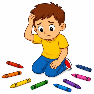 A worried child kneels beside scattered crayons.