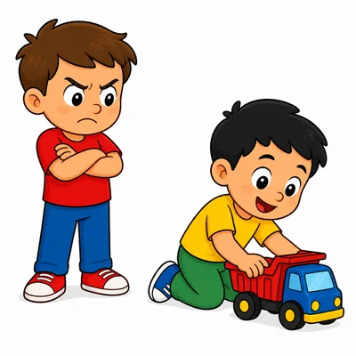 A frustrated child frowns with crossed arms while waiting for a toy.
