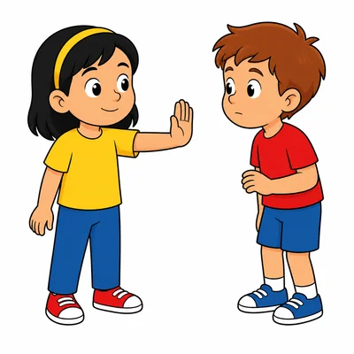 One child uses a stop gesture while another child listens.