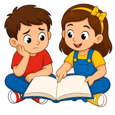 A kind child helps a partner who feels unsure while reading.