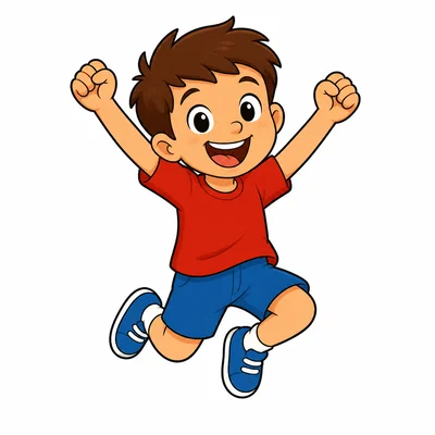 A smiling child jumps with excitement.