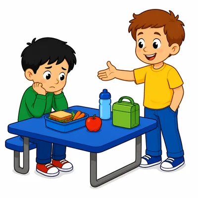 A friendly child approaches a shy child sitting alone at lunch.