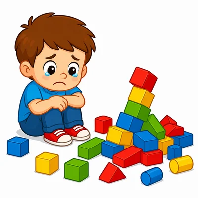 A sad child sits next to a fallen block tower.