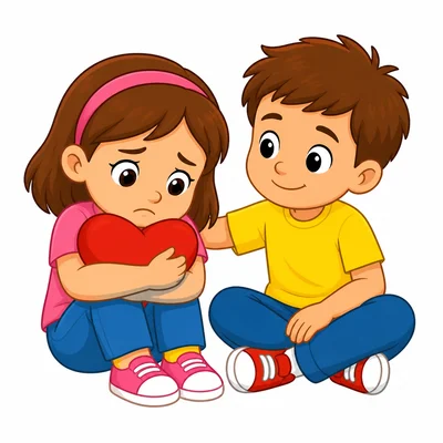 One child comforts another child who looks sad.