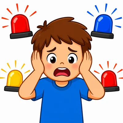 A child covers their ears and looks scared by a loud alarm.