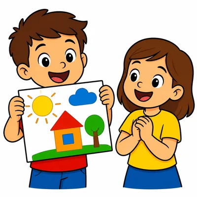 A proud child shows a drawing while another child smiles supportively.