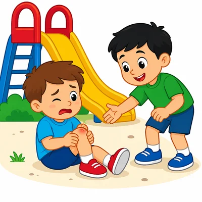 A child offers help to another child who fell on the playground.