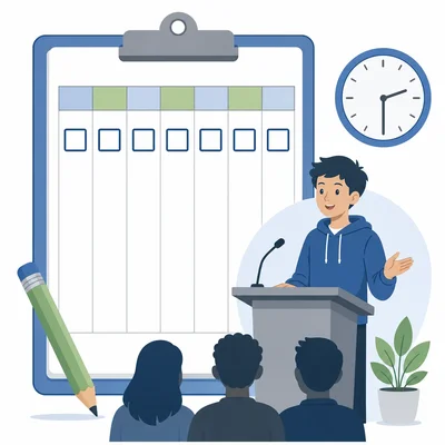A clipboard with checkboxes, a clock, and a student practicing a presentation.