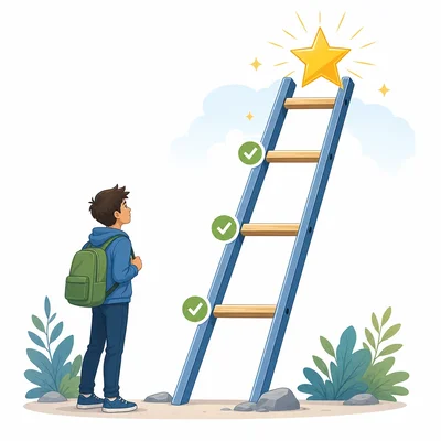 A student looks up at a ladder leading to a star, with three steps marked by checkmarks.