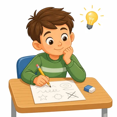A student calmly looks at a practice paper with a pencil and eraser.
