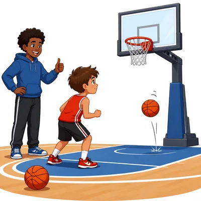 A child practices basketball after missing a shot while a friend encourages them.