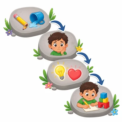 A path shows mistake, feeling, helpful thought, and trying again using icons.