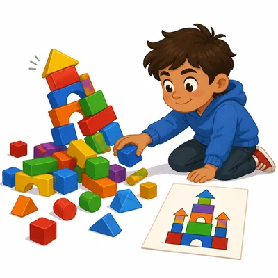 A child prepares to rebuild a fallen block tower.