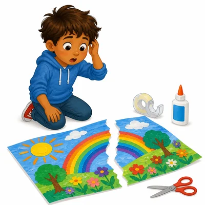 A child calmly looks at a torn art project with repair tools nearby.