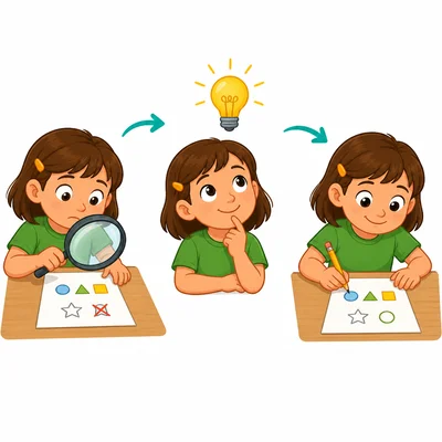 A three-step picture shows noticing a mistake, thinking, and trying again.