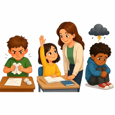 Three reactions are shown: crumpling paper, asking for help, and feeling upset.