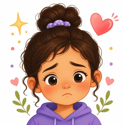 A worried child’s face with kind supportive symbols nearby.