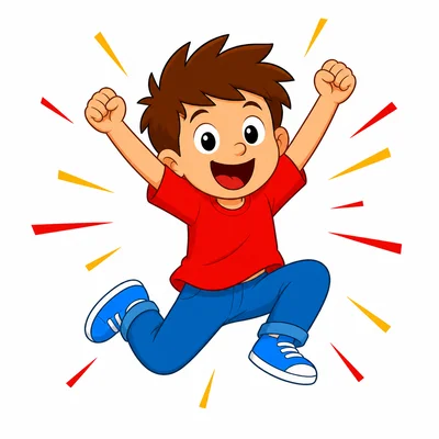 An excited child jumping with arms up.
