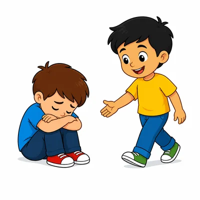 A child sits alone while another child comes over kindly.