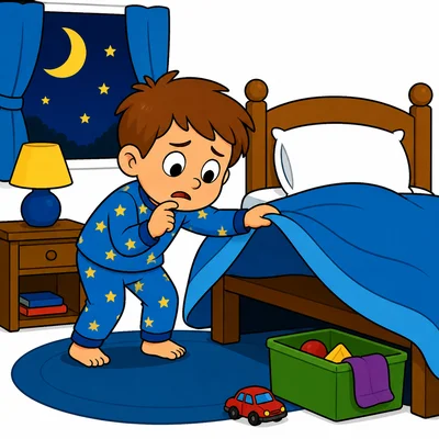 A worried child at bedtime looking for a stuffed animal.