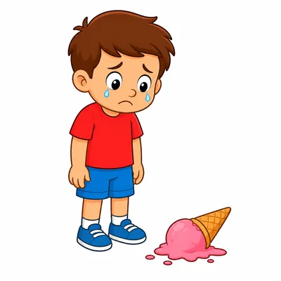 A sad child looking at a dropped ice cream cone.