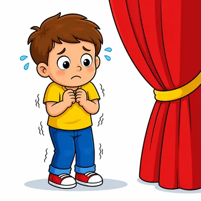 A nervous child standing near stage curtains with shaky hands.