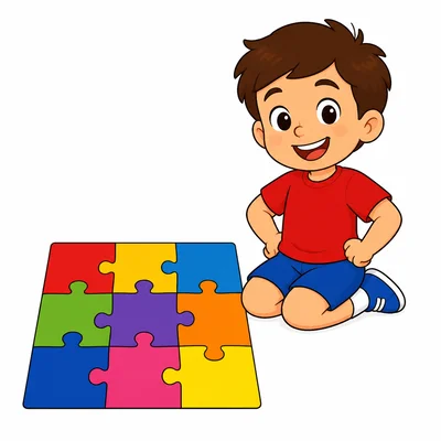 A proud child smiling beside a completed puzzle.