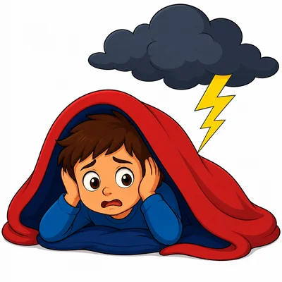 A scared child hiding under a blanket during thunder.
