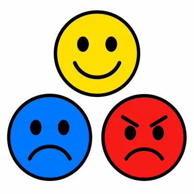 Three faces showing happy, sad, and angry emotions.