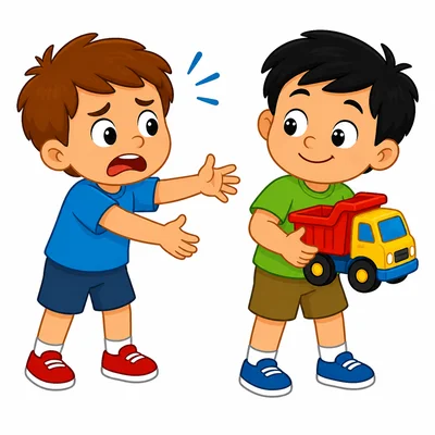 A child looks upset while another child holds a toy.