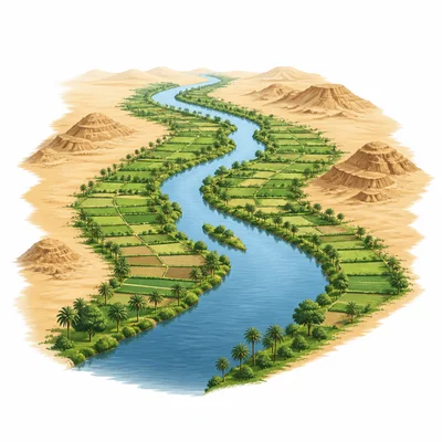 The Nile River flowing through green farmland surrounded by desert.