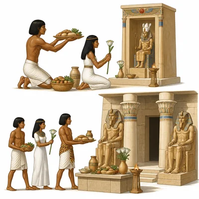 Ancient Egyptians making offerings at a shrine and temple in daily life.
