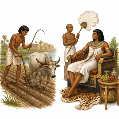 A comparison of an Egyptian farmer working and a noble living comfortably.
