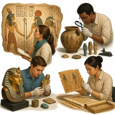 Historians studying artifacts, tomb art, and papyrus records from Ancient Egypt.