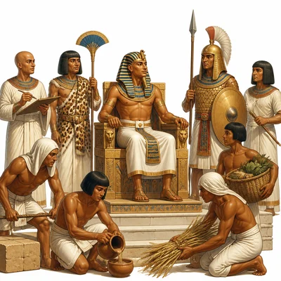 A pharaoh on a throne surrounded by officials, soldiers, and workers.