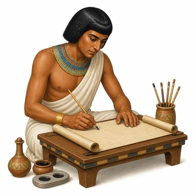 An Ancient Egyptian scribe writing on papyrus with a reed pen.