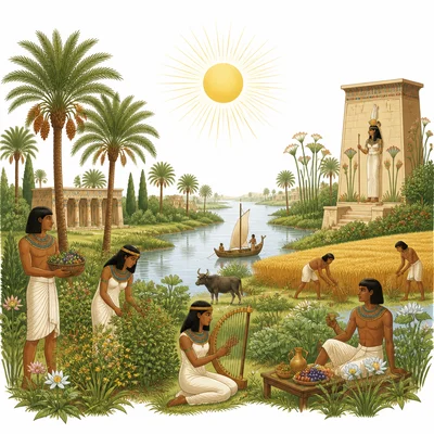 A peaceful Ancient Egyptian afterlife scene with fields, river, and sunlight.